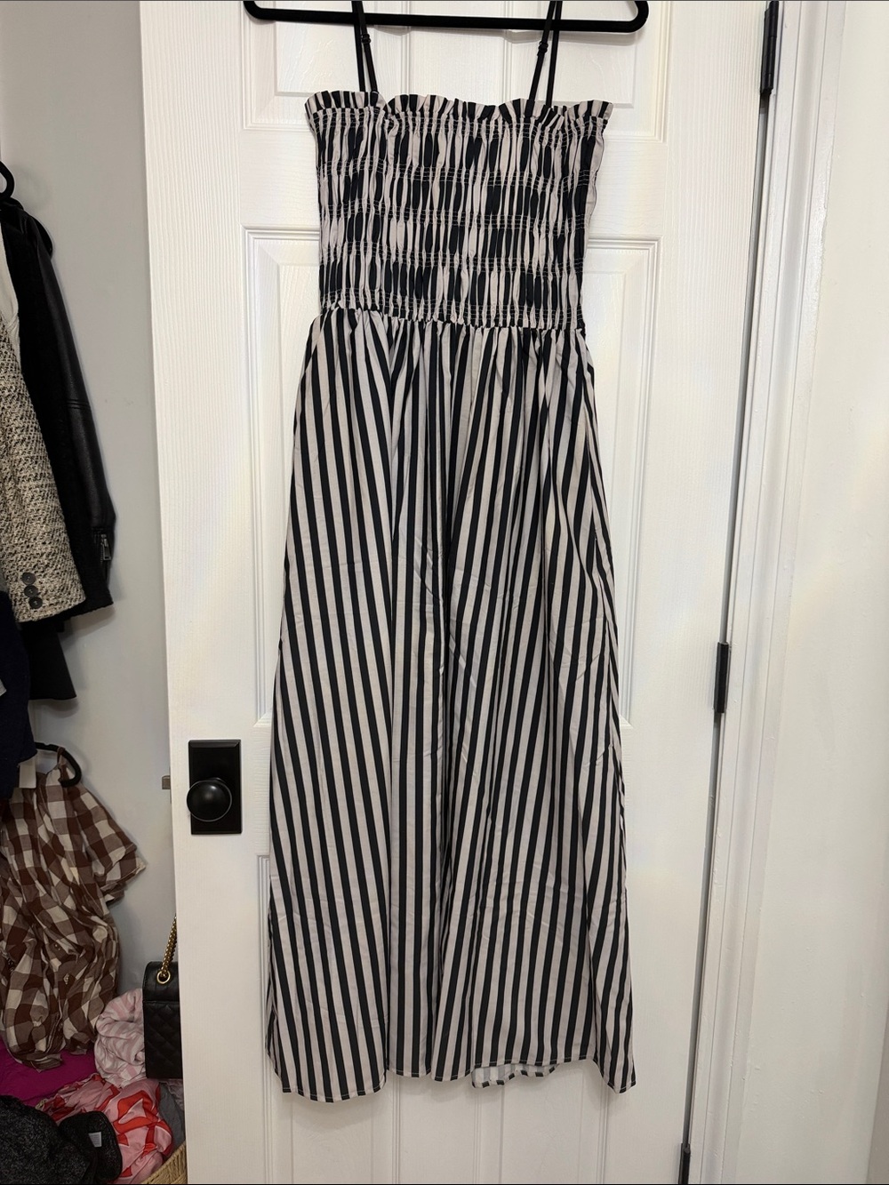 Black and White Vertical Stripe Maxi Dress with Smocked Bodice